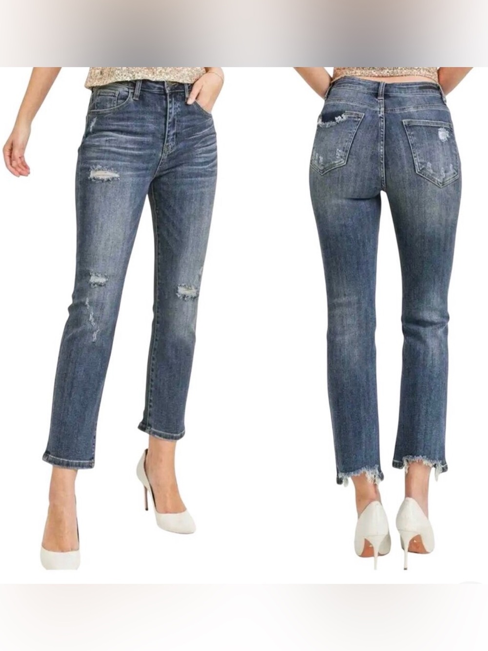 Risen Jeans Straight Leg Distressed Hem Crop Ankle Jeans Size 7 / 28 EUC